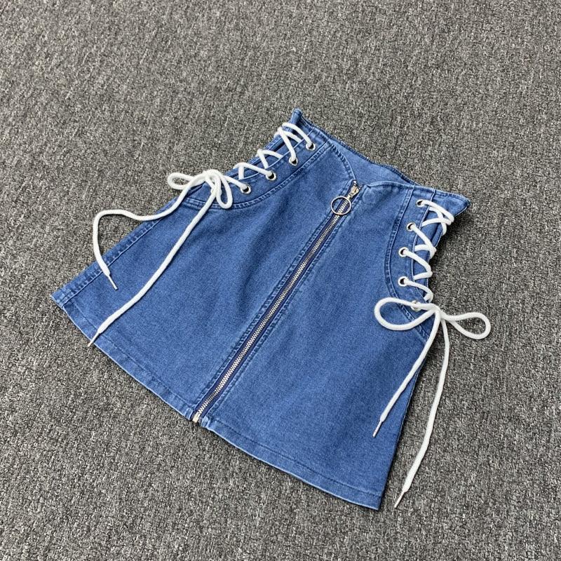 Denim A-Line Lace-Up Front Ring Zipper Mini Skirt - Elysian