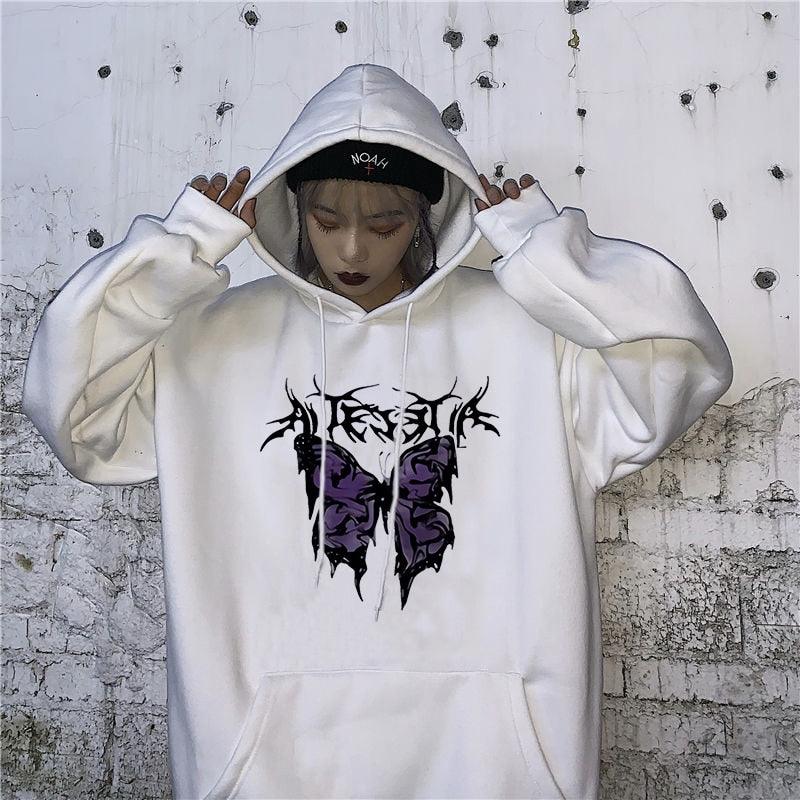 Rough Butterfly Printed Gothic Style Hoodies for Ladies - Elysian