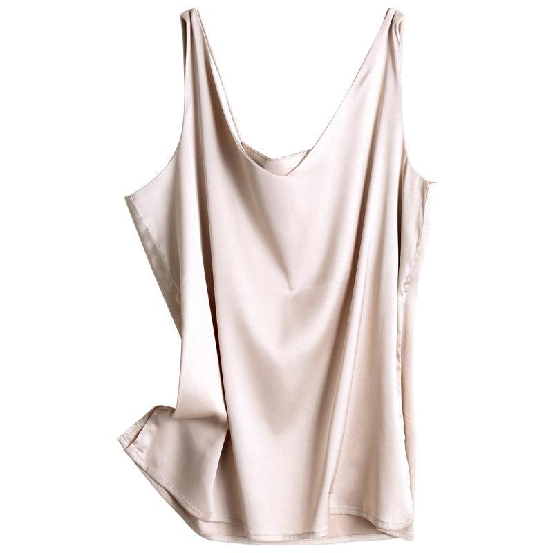 Strap Top V Neck Basic White Cami Sleeveless Satin Silk Tank Tops - Elysian