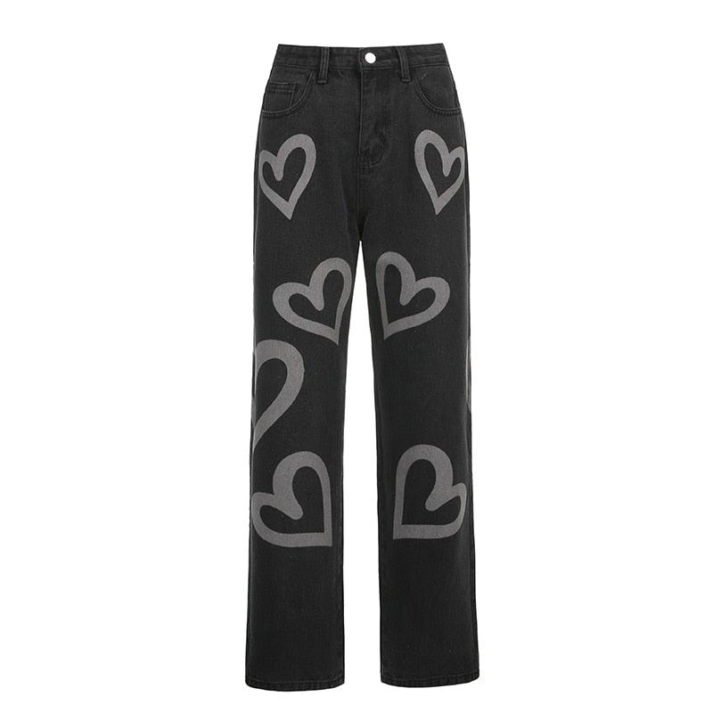 Vintage Heart Printed Hot Baggy Women’s High Waist Jeans - Elysian