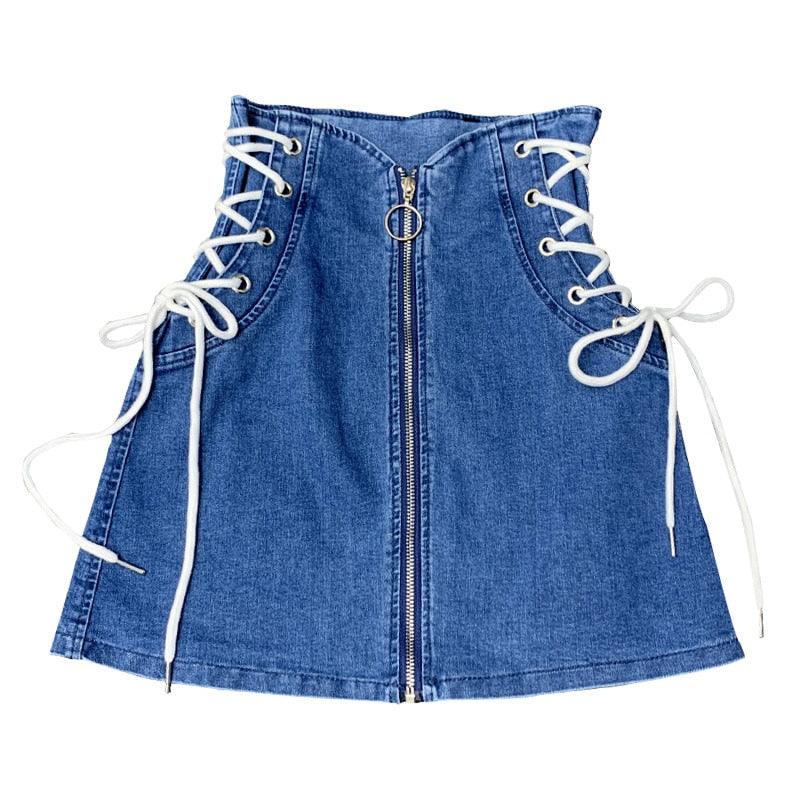 Denim A-Line Lace-Up Front Ring Zipper Mini Skirt - Elysian