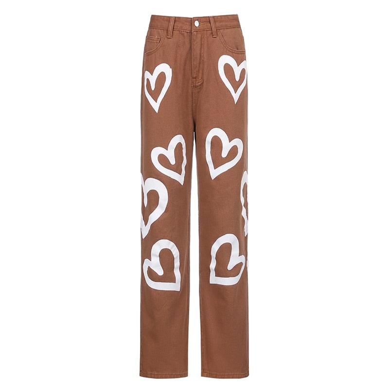 Vintage Heart Printed Hot Baggy Women’s High Waist Jeans - Elysian