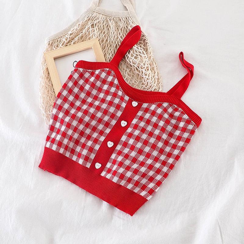 Women’s Knitted Plaid Button Up Crop Tops - Elysian