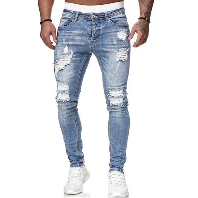 Men’s Ripped Skinny Jeans Blue Slim Fit Denim Pants - Elysian