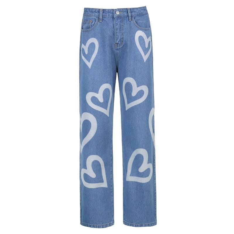 Vintage Heart Printed Hot Baggy Women’s High Waist Jeans - Elysian