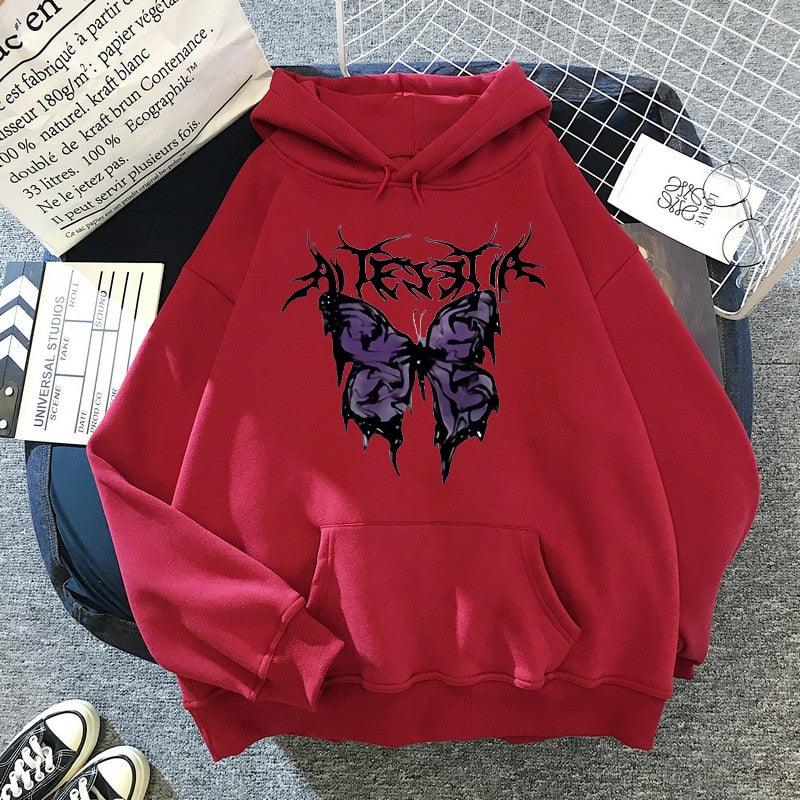 Rough Butterfly Printed Gothic Style Hoodies for Ladies - Elysian