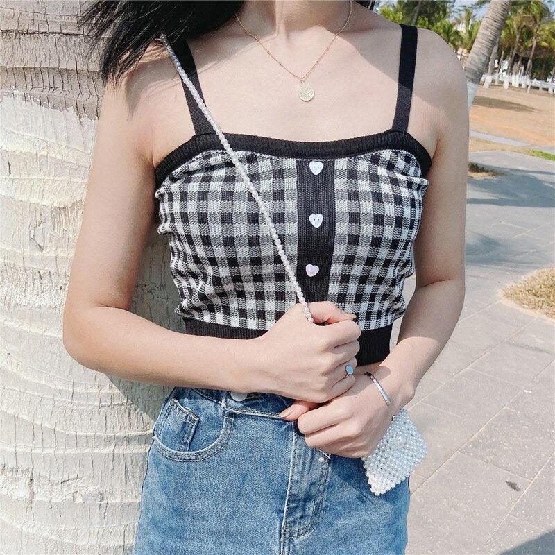 Women’s Knitted Plaid Button Up Crop Tops - Elysian