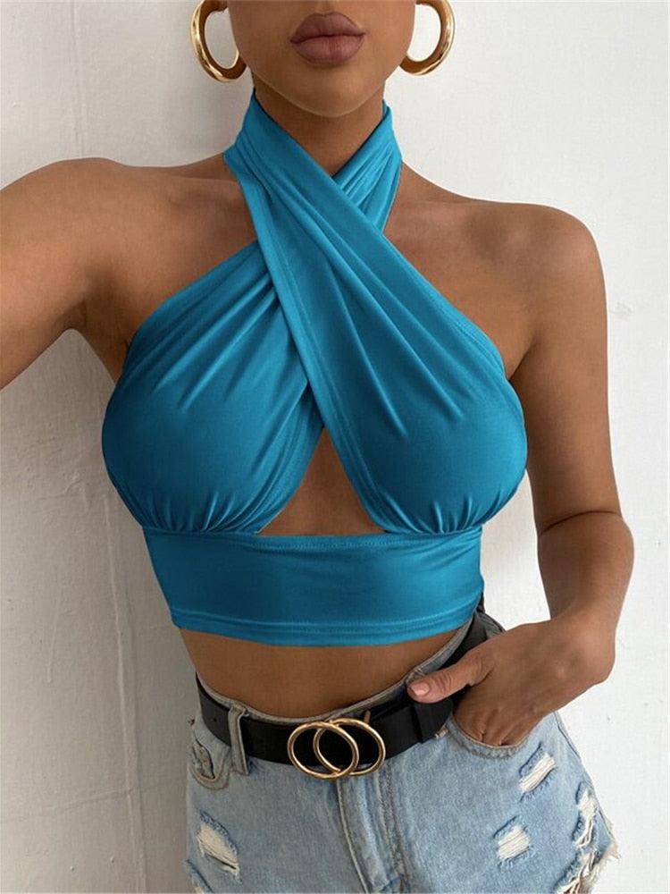 Summer Tank Tops Sexy Solid Colour Cross Halter Neck Hollow Crop Tops - Elysian