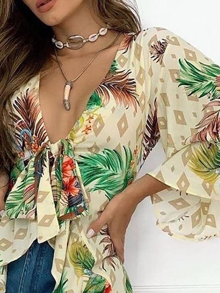 Tropical Print Bell Sleeve Blouse Tops Women’s - Elysian