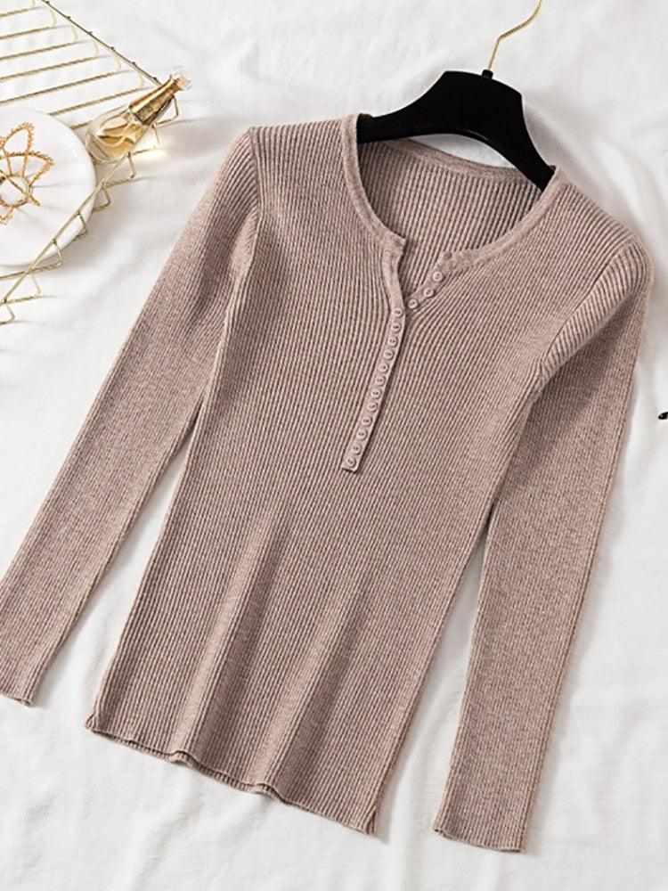 V Neck Button Women’s Slim Pullover Sweater - Elysian