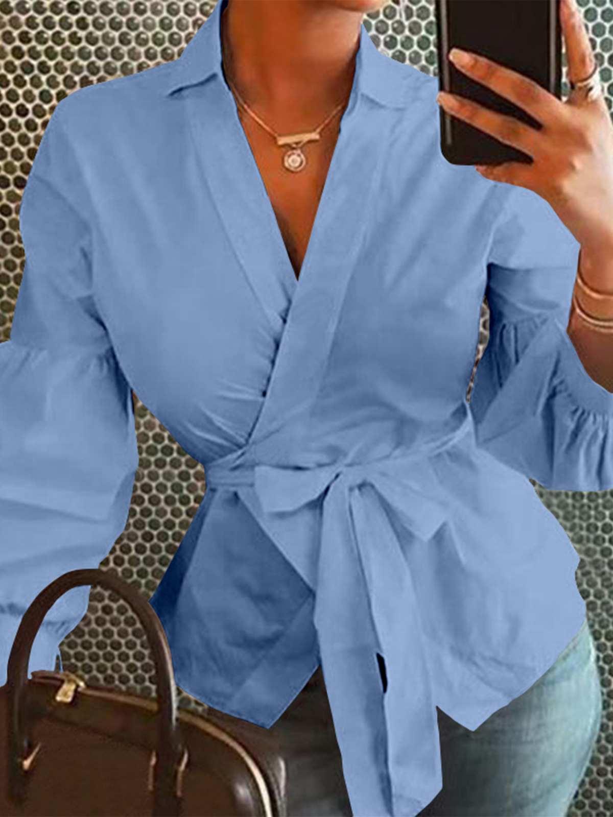 Causal Women’s Elegant Lantern Sleeve Belted Tunic Shirts - Elysian