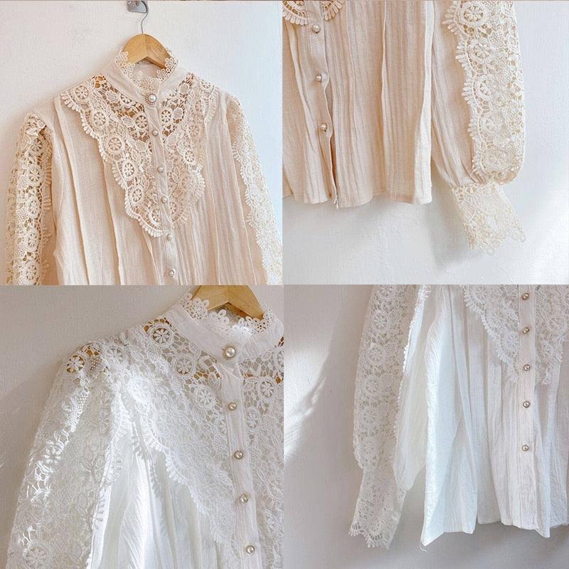 Vintage Solid White Lace Blouse Hollow Out Casual Shirt - Elysian