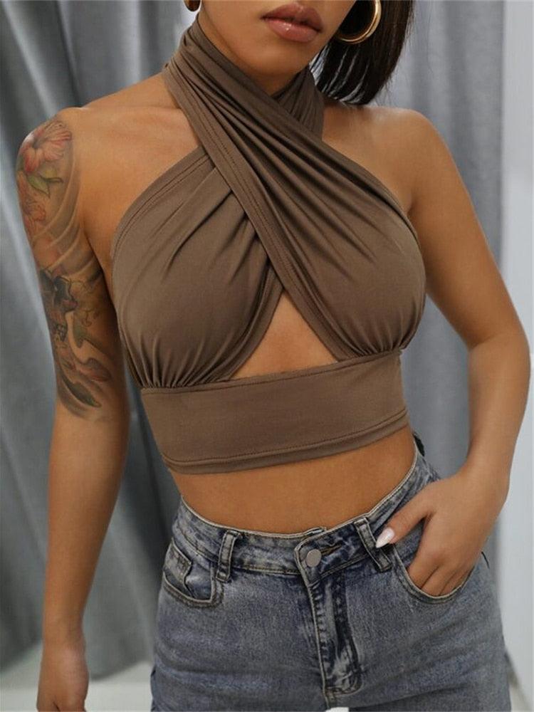 Summer Tank Tops Sexy Solid Colour Cross Halter Neck Hollow Crop Tops - Elysian