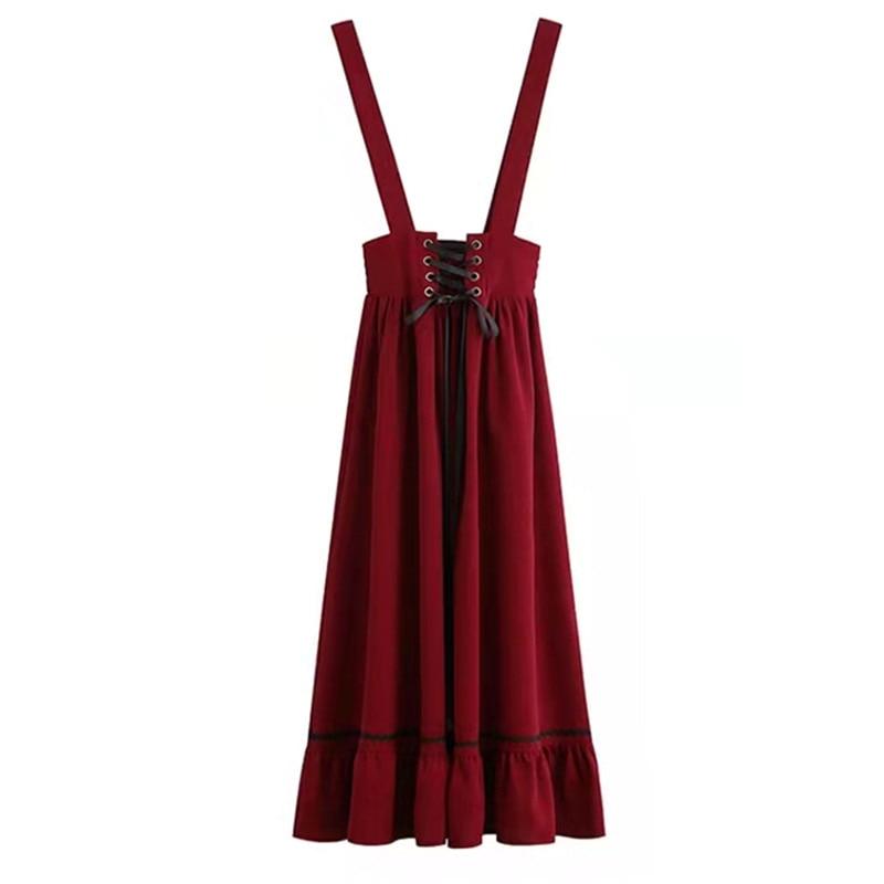 Women’s Long Midi Suspender Skirt Teen Girls Preppy Style High Waist Ruffle A-Line Skirts - Elysian