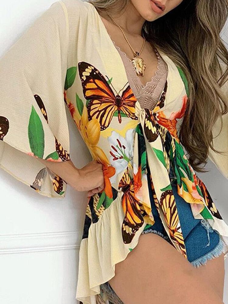 Tropical Print Bell Sleeve Blouse Tops Women’s - Elysian