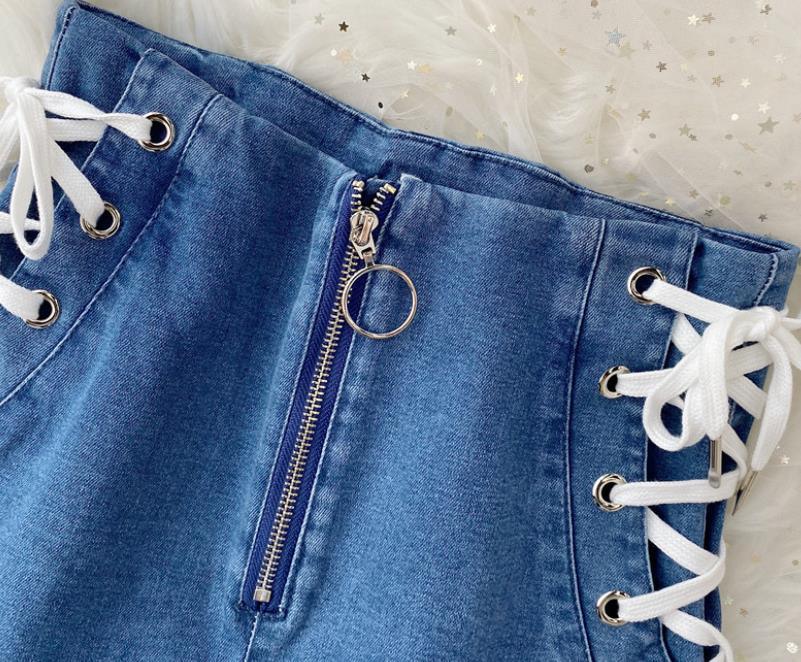 Denim A-Line Lace-Up Front Ring Zipper Mini Skirt - Elysian