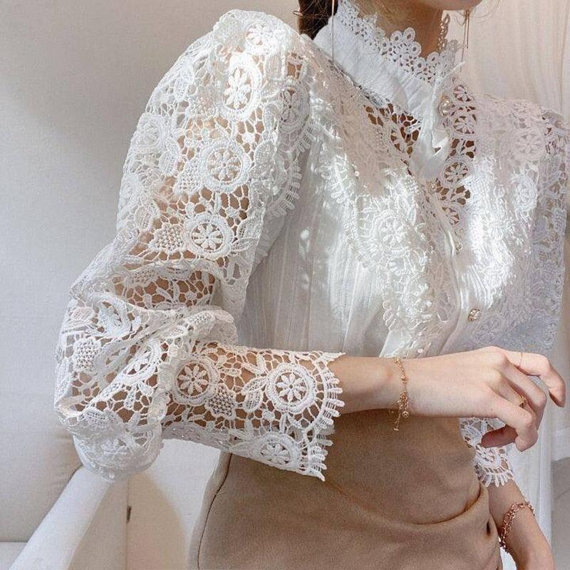 Vintage Solid White Lace Blouse Hollow Out Casual Shirt - Elysian