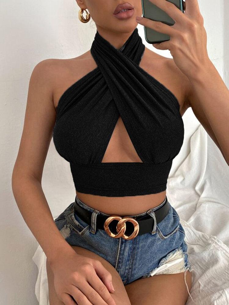 Summer Tank Tops Sexy Solid Colour Cross Halter Neck Hollow Crop Tops - Elysian