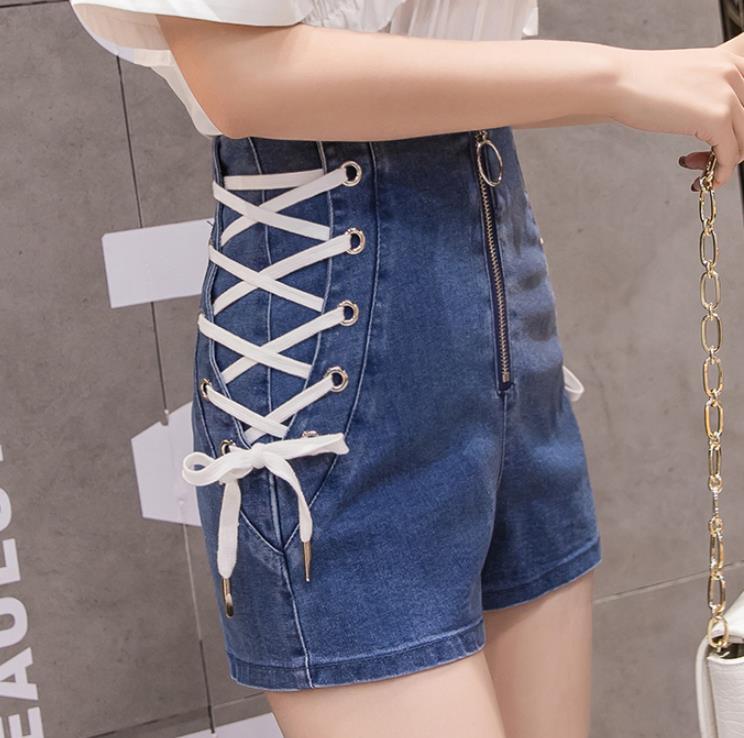 Denim A-Line Lace-Up Front Ring Zipper Mini Skirt - Elysian