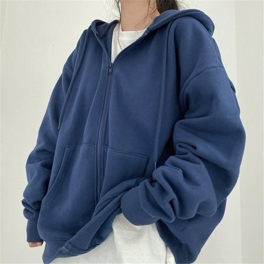 Women Solid Colour Zip Up Pocket Oversized Long Sleeve Hoodie