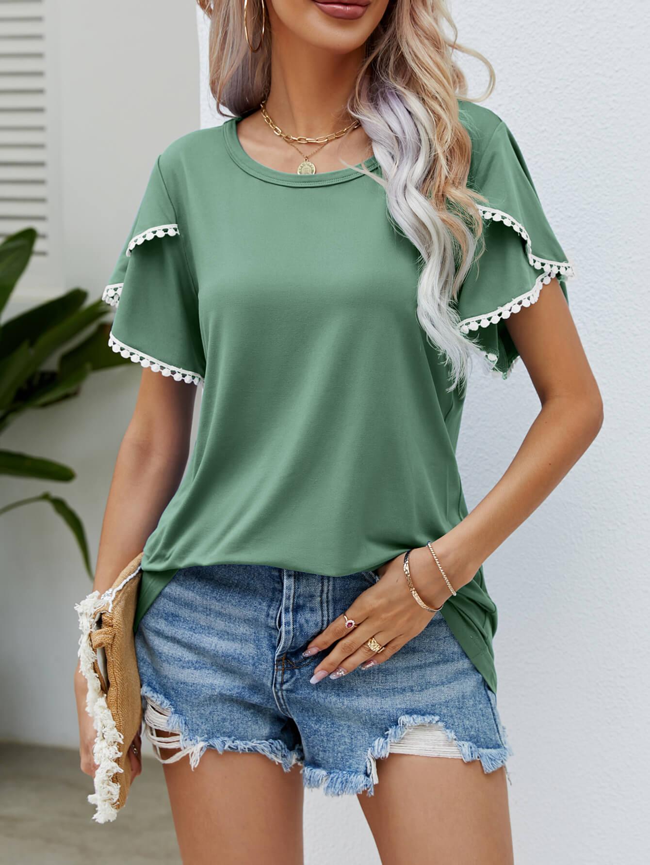 Trim Flutter Round Neck Casual Tees - Elysian