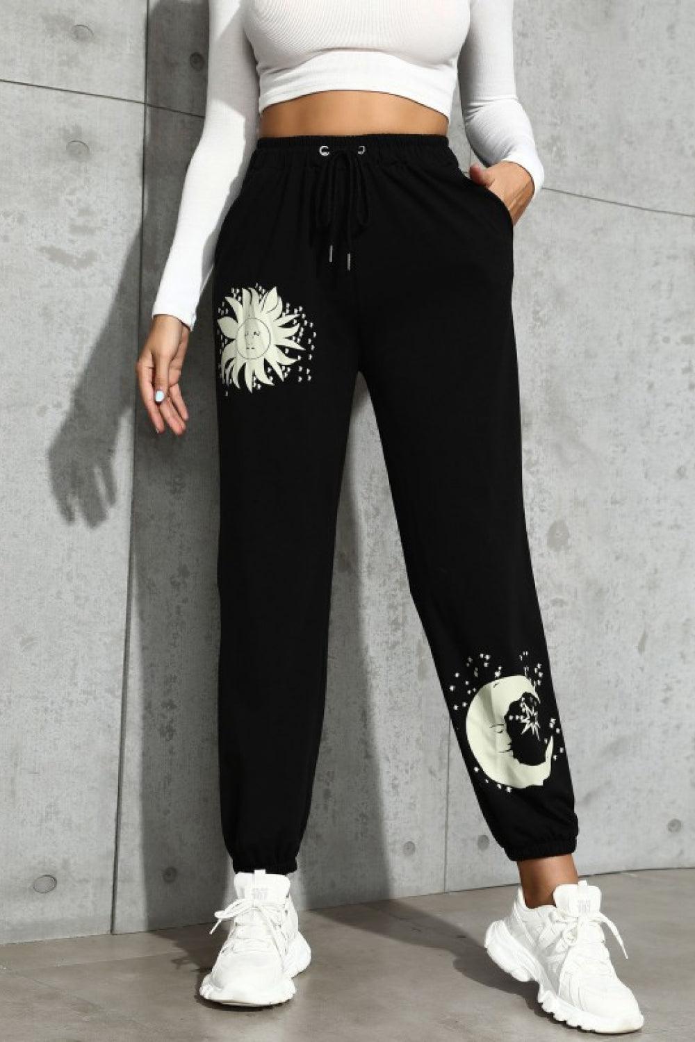 Sun and Moon Graphic Drawstring Joggers - Elysian