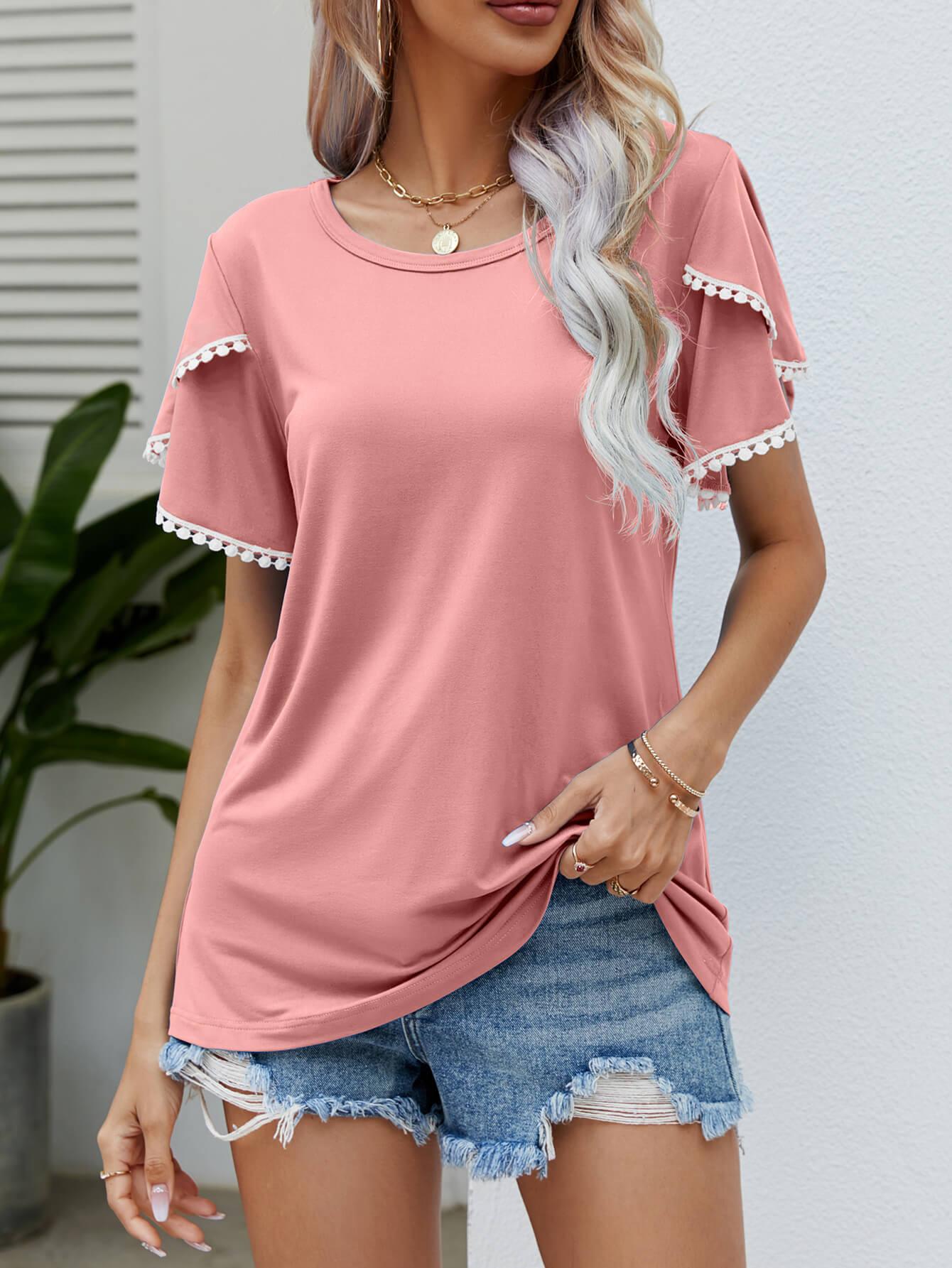 Trim Flutter Round Neck Casual Tees - Elysian