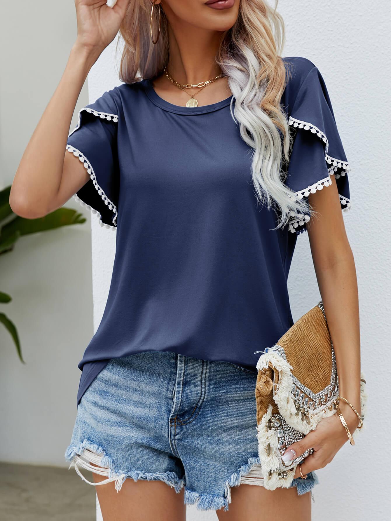 Trim Flutter Round Neck Casual Tees - Elysian