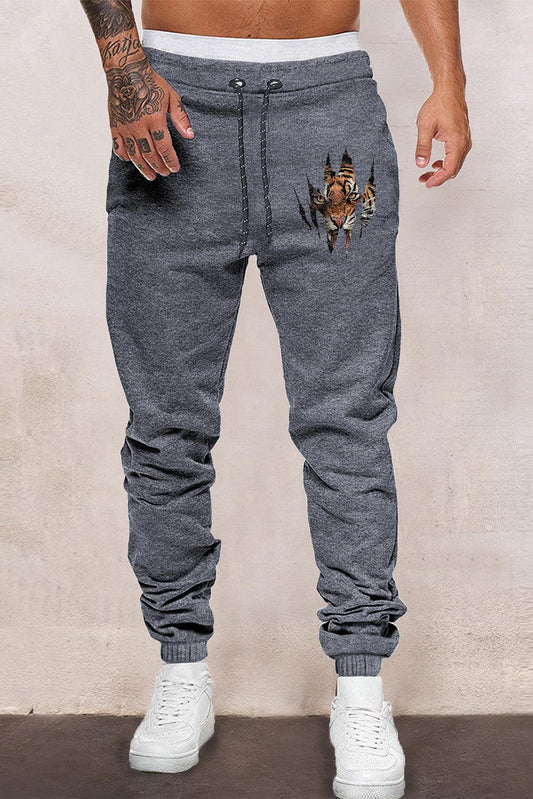 Men Drawstring Waist Tiger Print Sweatpants - Elysian