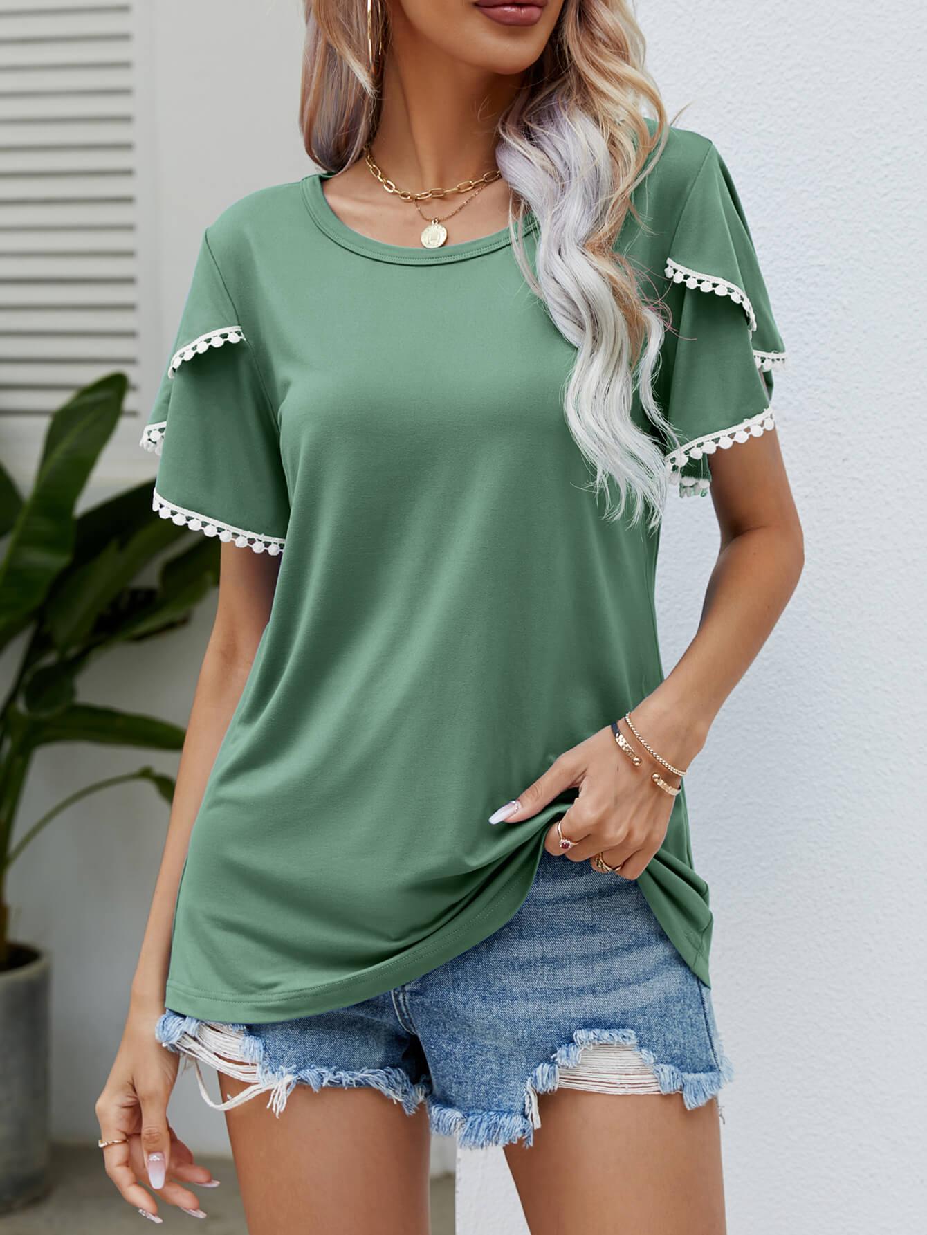 Trim Flutter Round Neck Casual Tees - Elysian