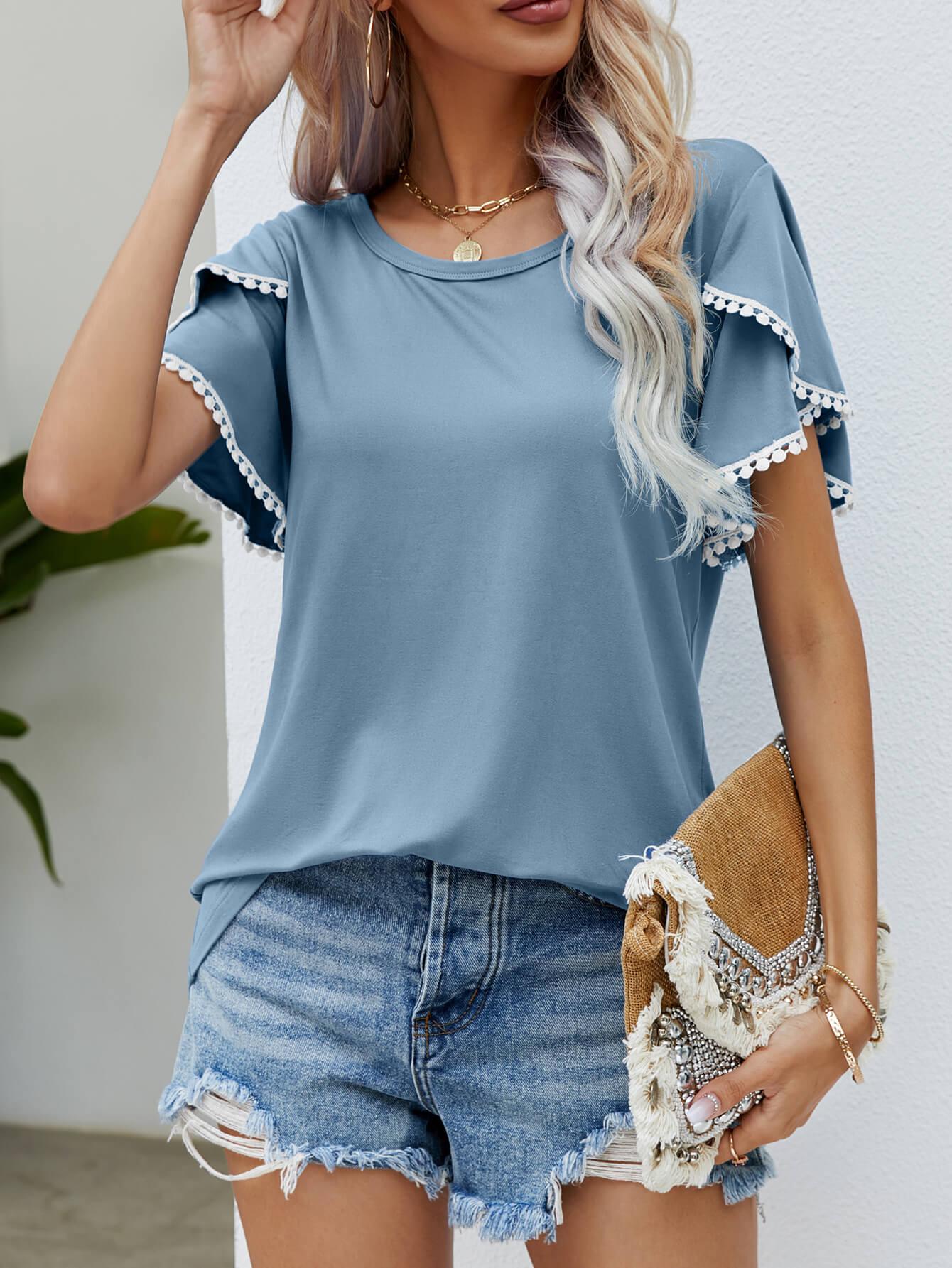 Trim Flutter Round Neck Casual Tees - Elysian