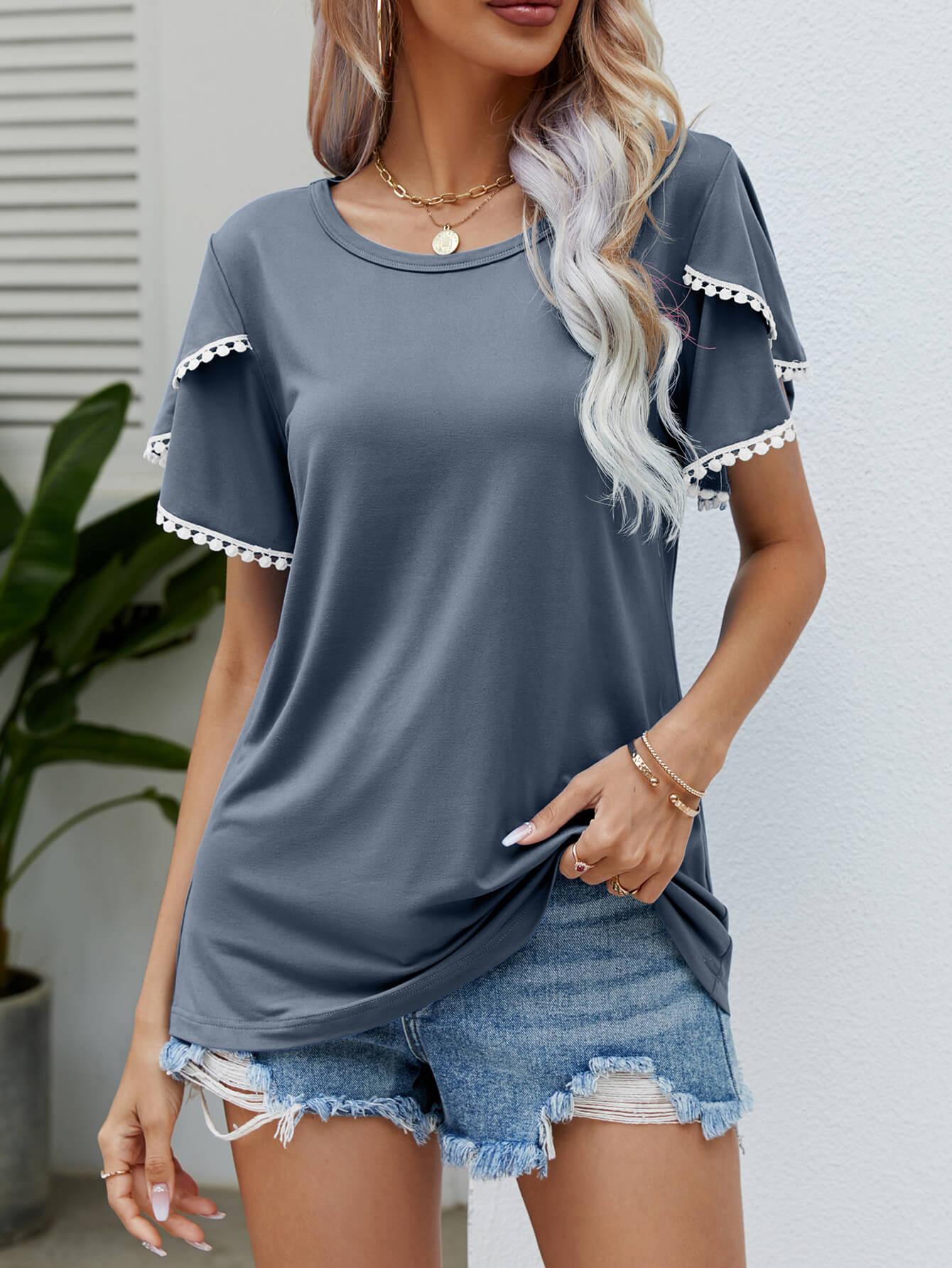 Trim Flutter Round Neck Casual Tees - Elysian